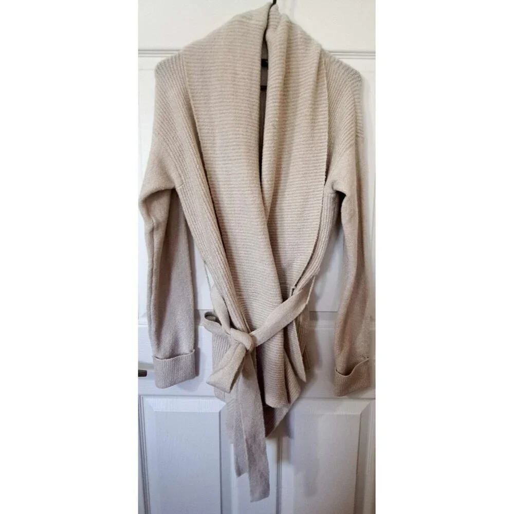 Simply Vera Wang Women's L Wrap Sweater Beige Long SleeveShawl Collar Belted